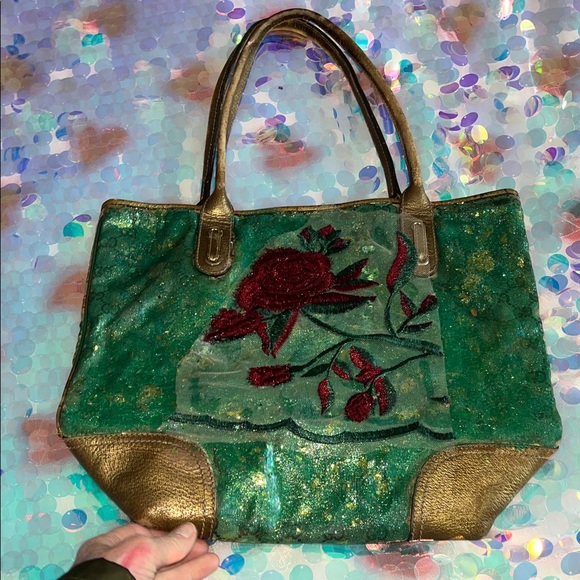 Gucci Handbags - Gucci Green Tote with Red Floral Embroidery and Gold Accents
